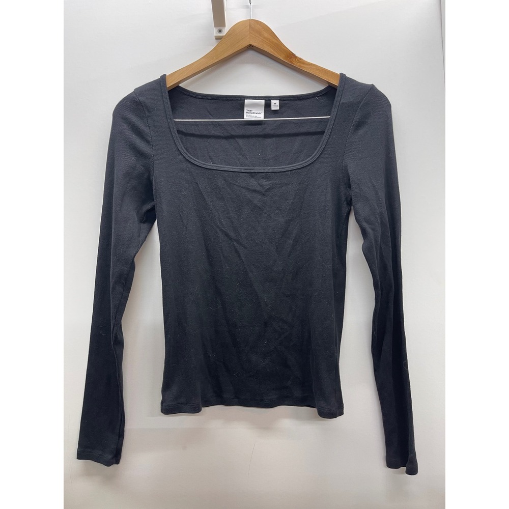 Aritzia TNA HomeStretch Square Neck Ribbed Long Sleeve Top Black Medium